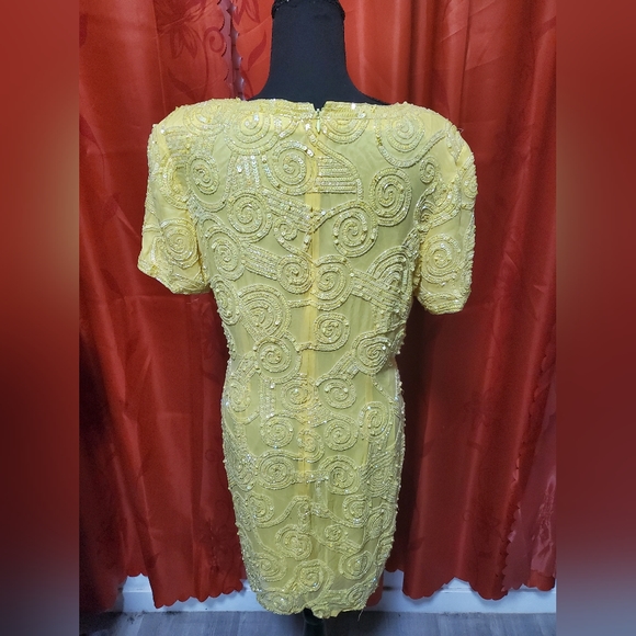 Vintage 80s Yellow Silk Beaded Sequin Sheath Cocktail Midi Dress sz M/L - Picture 3 of 9